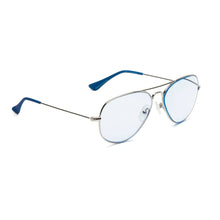 Load image into Gallery viewer, Caddis Mabuhay Reading Glasses in chrome frame and light blue lenses angled view
