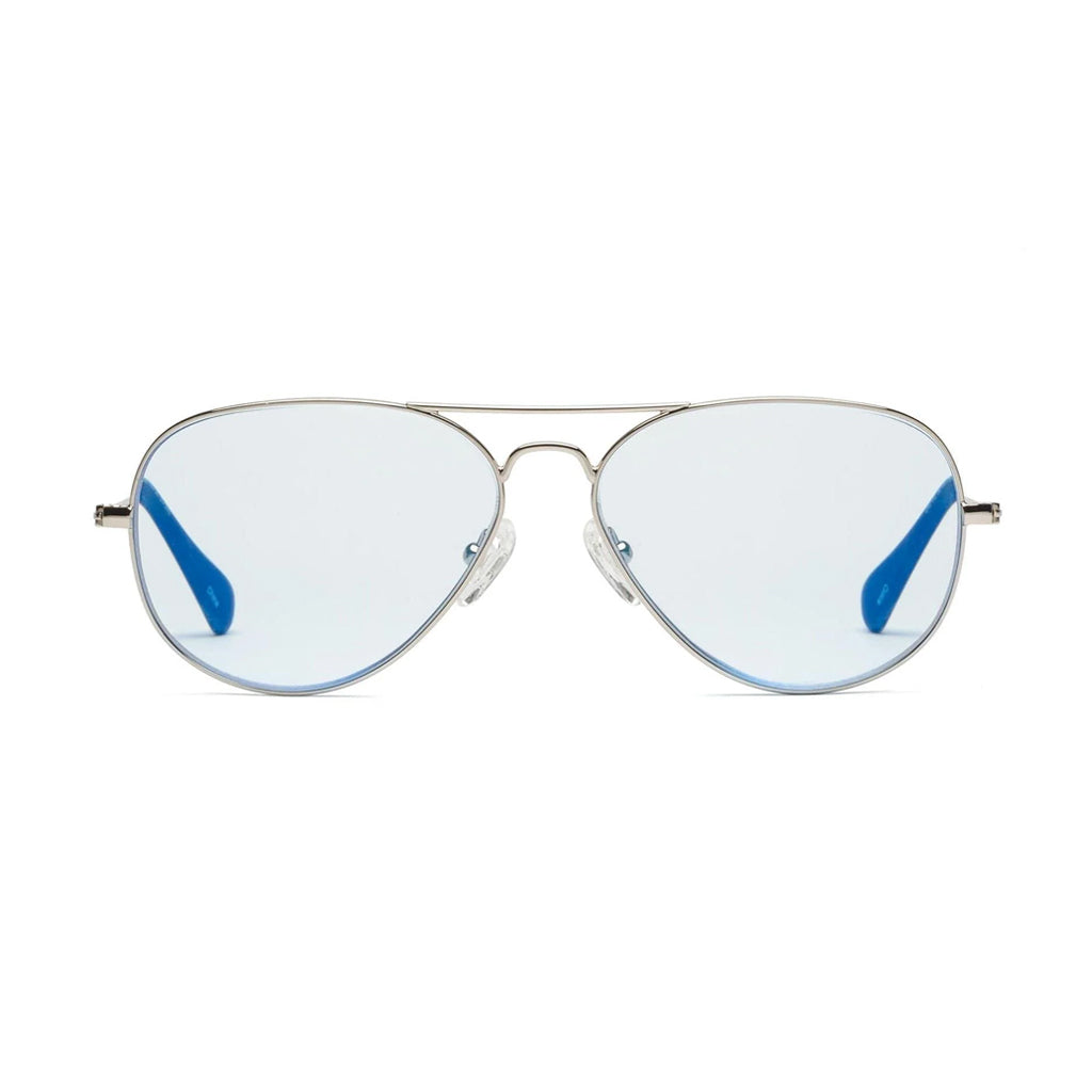 Caddis Mabuhay Reading Glasses in chrome frame and light blue lenses front view