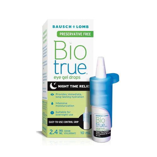 Bausch + Lomb Biotrue® Night Time Relief Eye Gel Drops packaging and bottle on a white background