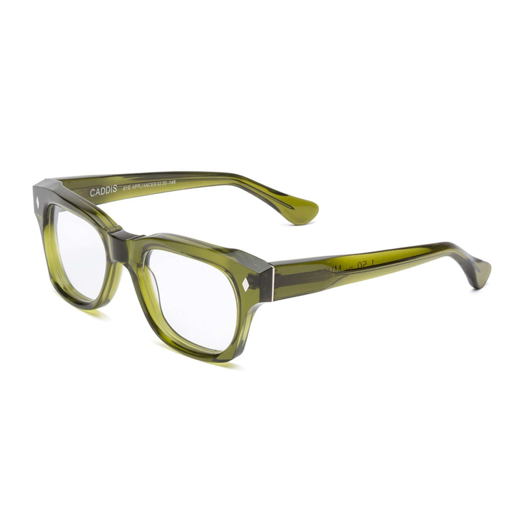 Caddis Reading Glasses Muzzy frame in Heritage Green angled view