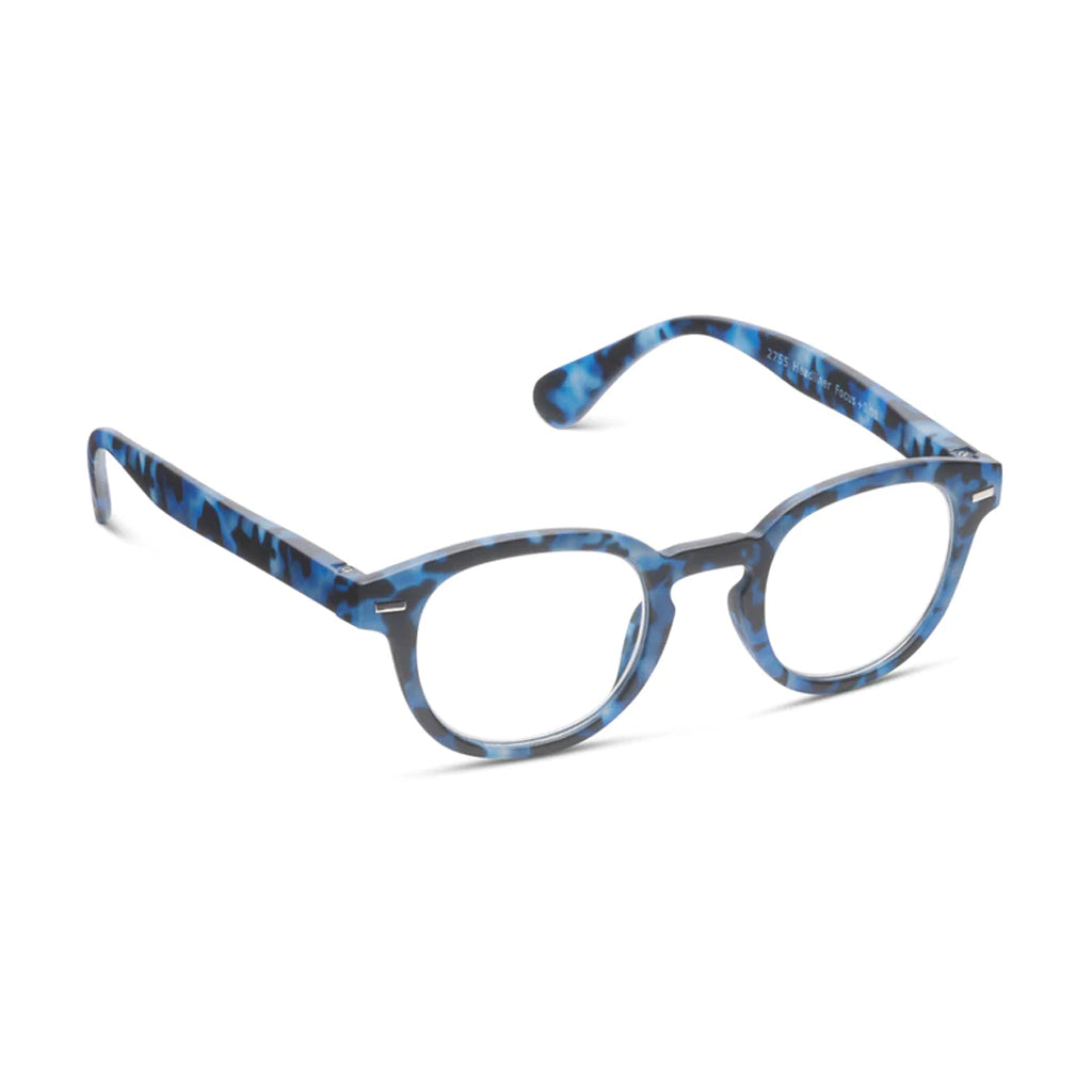 Peepers Readers Headliner frame in Navy Tortoise angled view