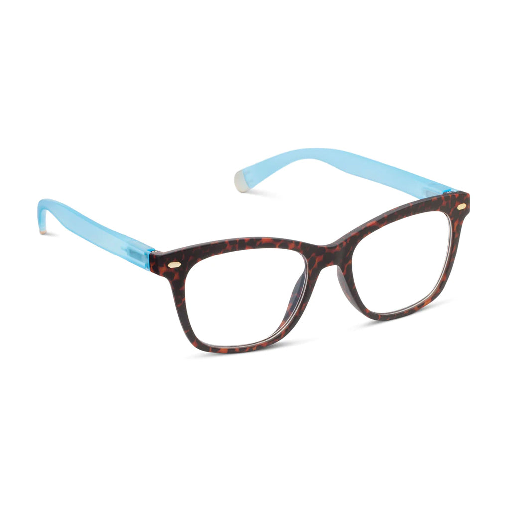 Peepers Readers Sinclair frame in Leopard Tortoise/Blue angled view