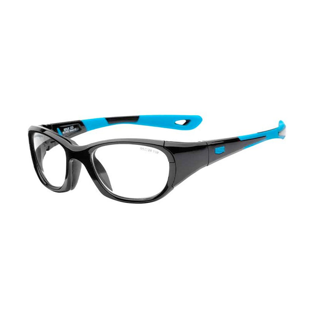 Rec Specs Liberty Sport Replay XL frame in Shiny Black/Cyan angled view