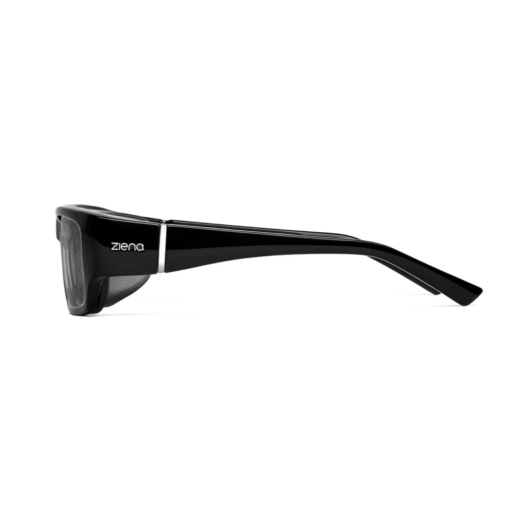 Ziena Seacrest in Glossy Black Frame with Black Eyecup and Polarized Grey Lens side view
