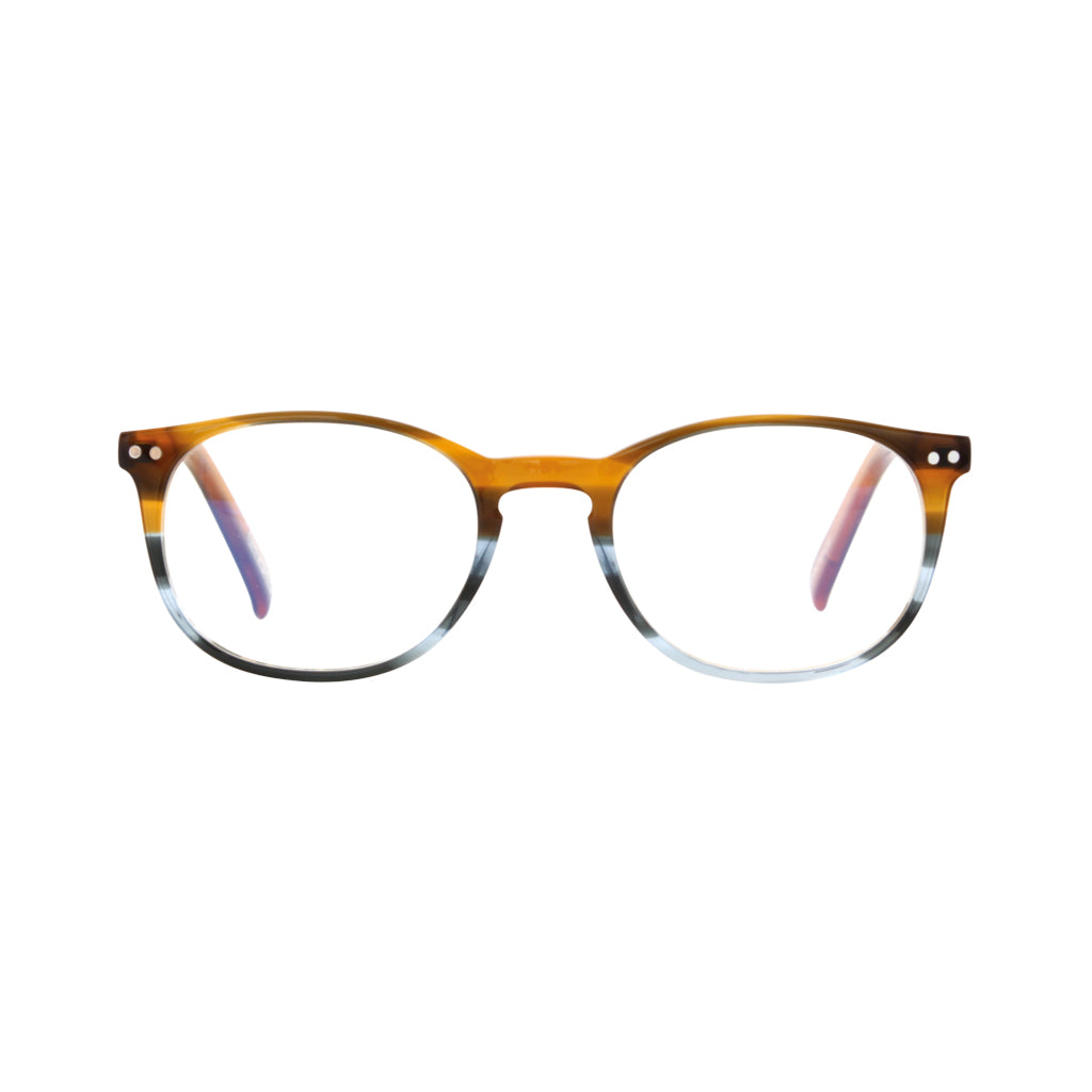 Frank and Lucie Eyecon reading glasses in the colour Deja Blue, front view