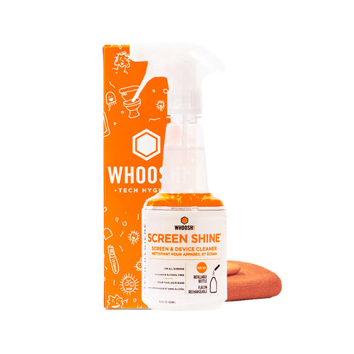 500 mL bottle of Whoosh Screen Shine cleaner and microfiber cleaning cloth